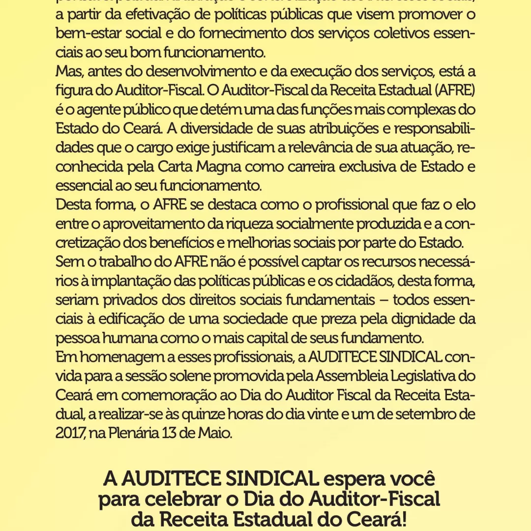 AUDITECE publica notas em homenagem ao Dia do Auditor-Fiscal da Receita Estadual