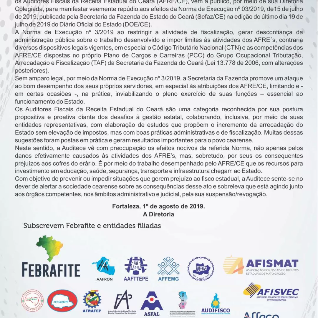 Auditece publica Nota de Repúdio à NE 3/2019 nos principais jornais do estado