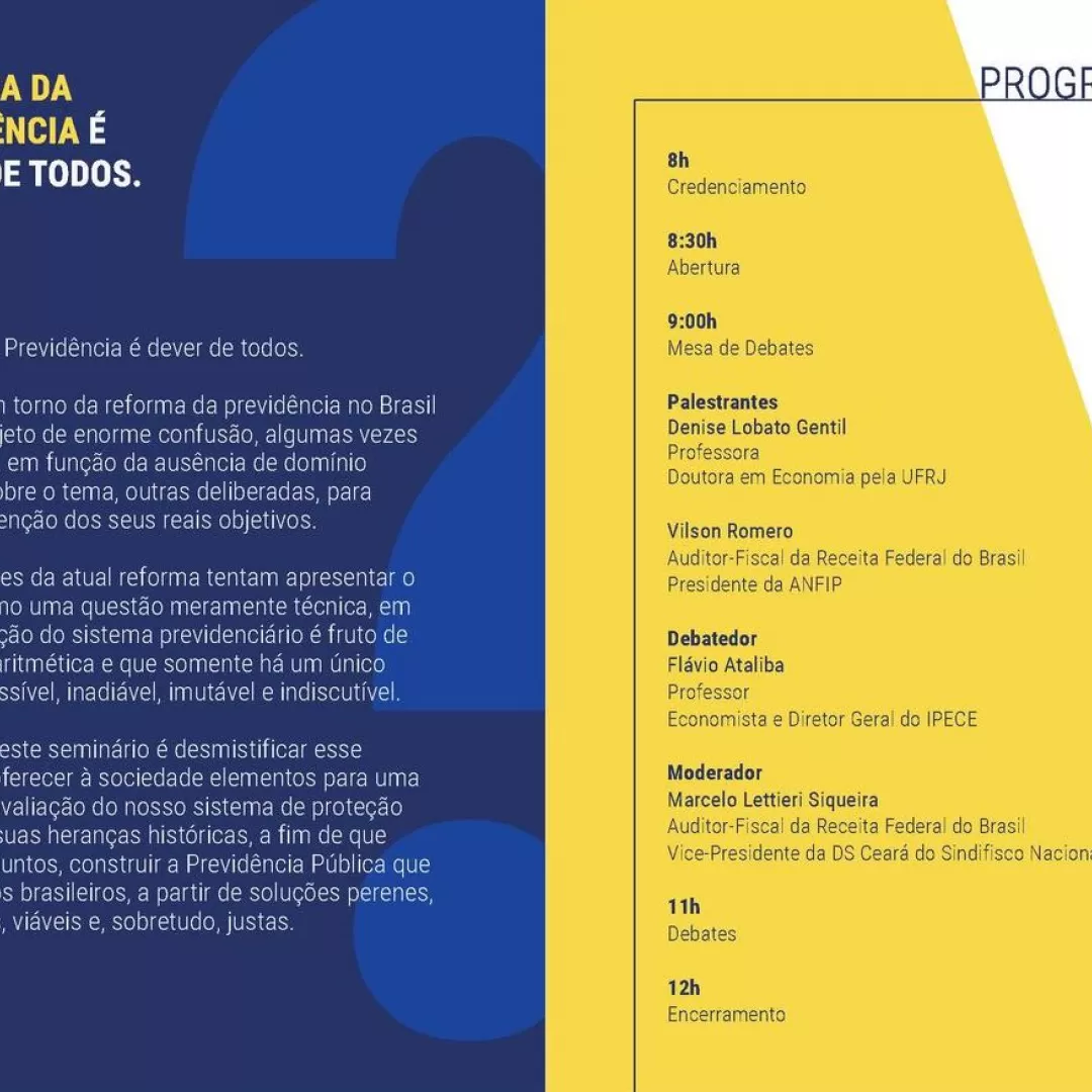 AUDITECE convida para seminário sobre a previdência pública no Brasil, dia 18