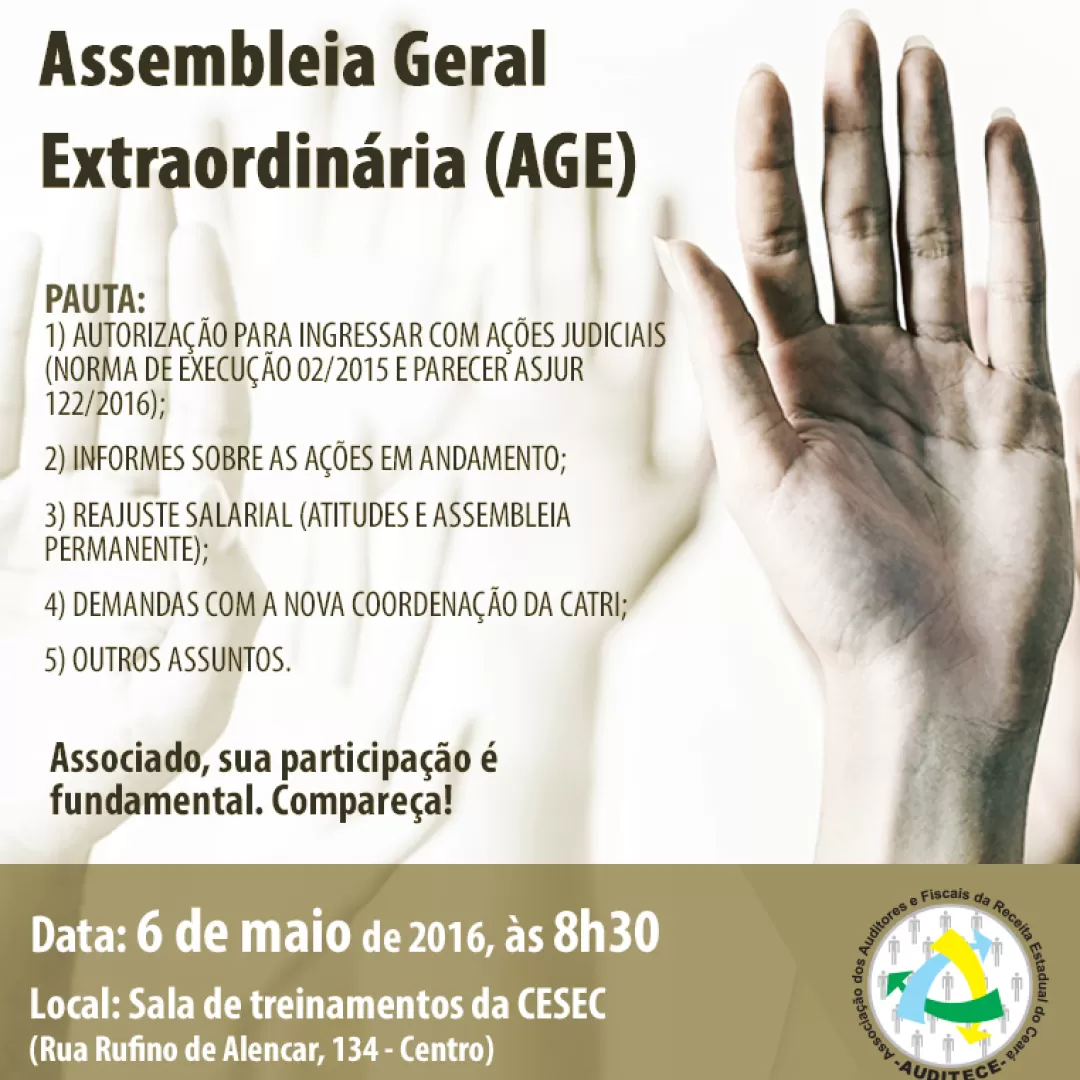 Assembleia Geral Extraordinária será amanhã, dia 6 de maio